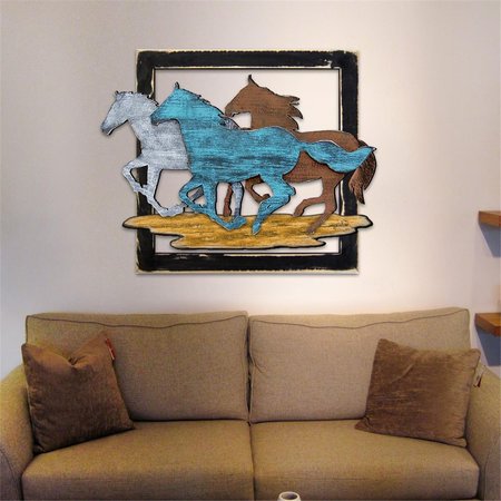 DESIGNOCRACY Wild Stallions in Frame Rustic Wooden Art G98159S318